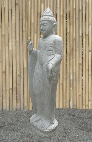 Product image 3 of the product “Standing Buddha with floral carving, Abudaya position. 40 x 28 x 152cm. Natural stone (river stone), stonemasonry ”